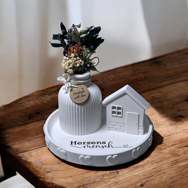 Dekoteller mit Herzen verziert Set Herzensmensch Schriftzug geriffelte Vase oder als Stabkerzenhalter Strandhaus Dekohaus Raysin - Artikel-Nr. 1100055